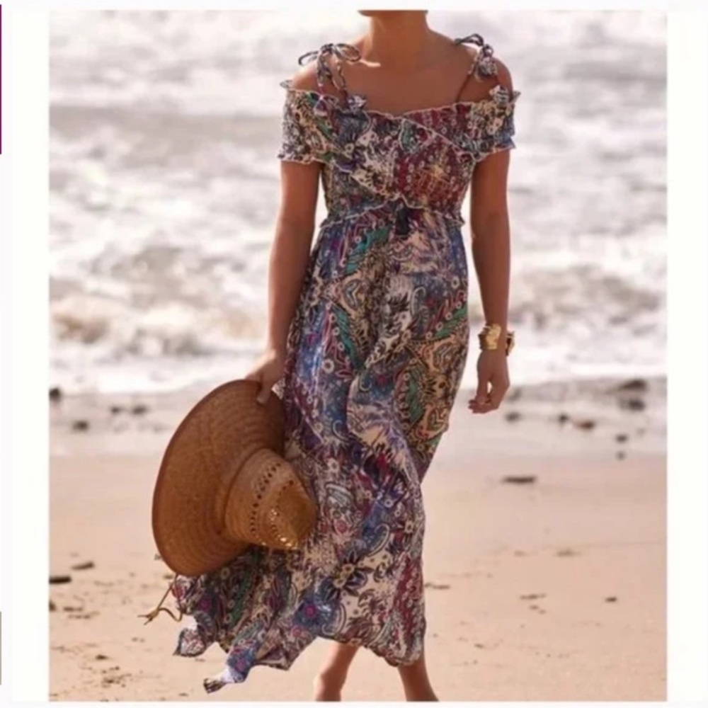 Anthropologie Smocked Gauze Criss Cross Off Shoulder Maxi Dress XS